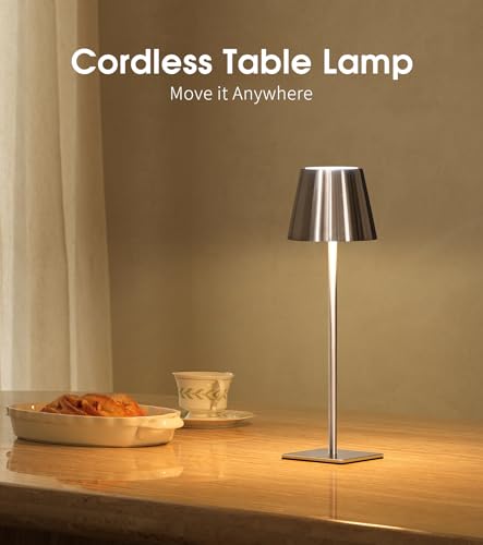 UME 3 Pack Cordless Table Lamp Battery Operated Lamp Portable Waterproof Rechargeable Table Lamp w 3 Color Temps Stepless Dimming for Dinner Desk Cafe Outdoor Brushed Silver - Image 3