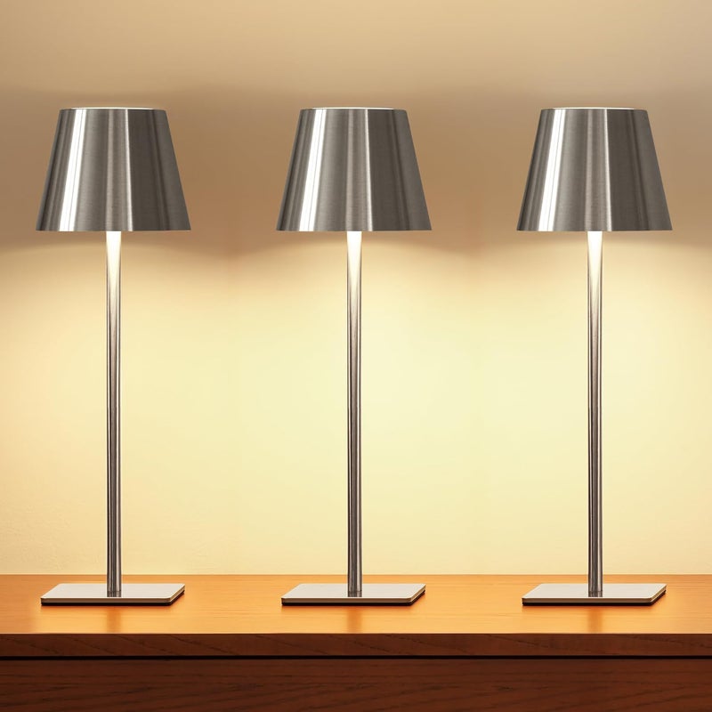 UME 3 Pack Cordless Table Lamp Battery Operated Lamp Portable Waterproof Rechargeable Table Lamp w 3 Color Temps Stepless Dimming for Dinner Desk Cafe Outdoor Brushed Silver - Image 2