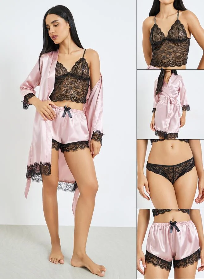 Styli Pack of 4 - Lace Non Padded Non Wired Bralette, Brief, Shorts and Robe Set