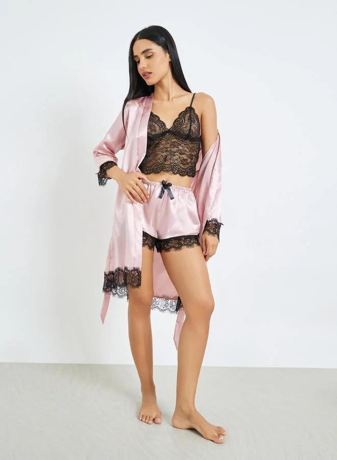 Styli Pack of 4 - Lace Non Padded Non Wired Bralette, Brief, Shorts and Robe Set