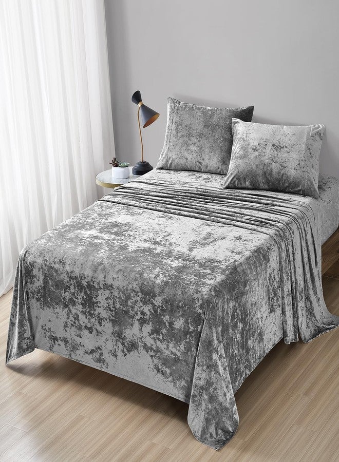 Fredsure Distressed Velvet Sheet Set, 4 Pieces Grey Queen, Ultra Soft, Warm - Image 1
