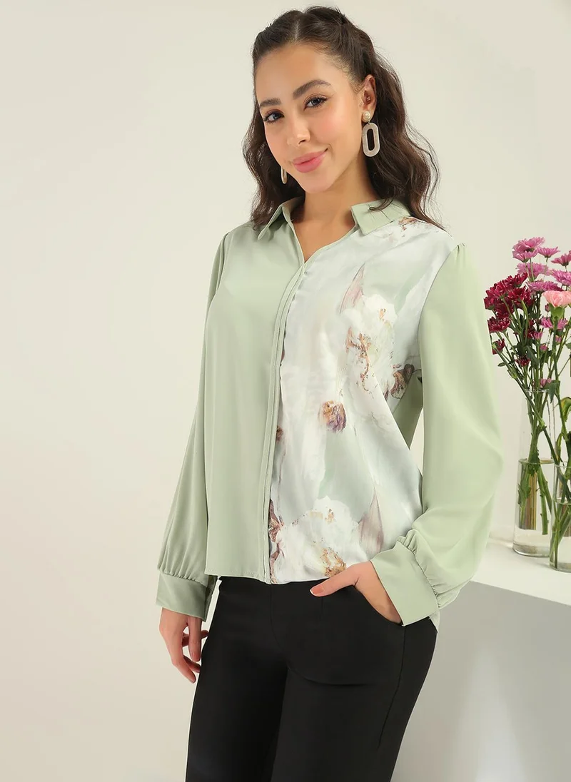 globus Globus Women Green Colour Block Collared Neck Cuffed Sleeves Party Shirt Style Top