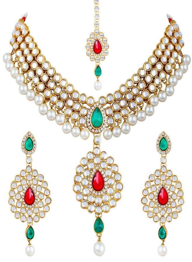 Shining Diva Ruby Pearl Kundan Traditional Jewellery Earring Necklace Set For Women(Red)(r6737s) - Image 1