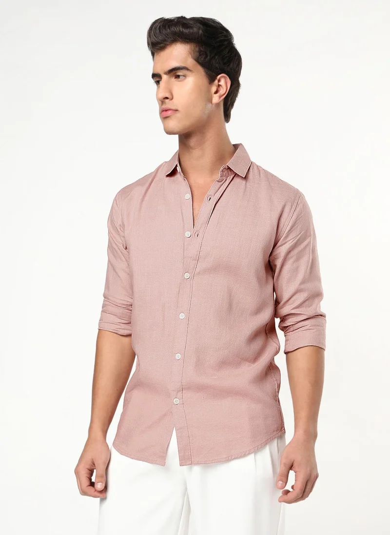 أوربانو فاشن Urbano Fashion Men's Dusty Pink Linen Blend Full Sleeve Relaxed Fit Casual Solid Shirt