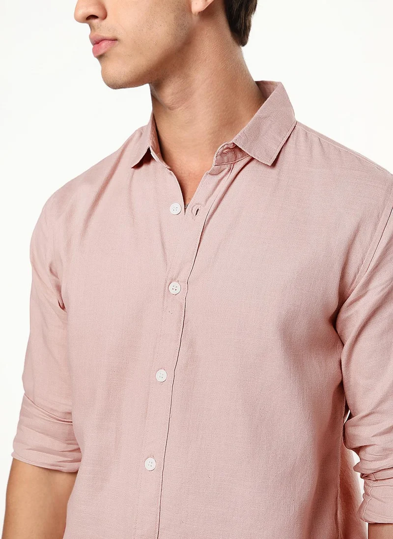 Urbano Fashion  Urbano Fashion Men's Dusty Pink Linen Blend Full Sleeve Relaxed Fit Casual Solid Shirt for Men | Best Price UAE