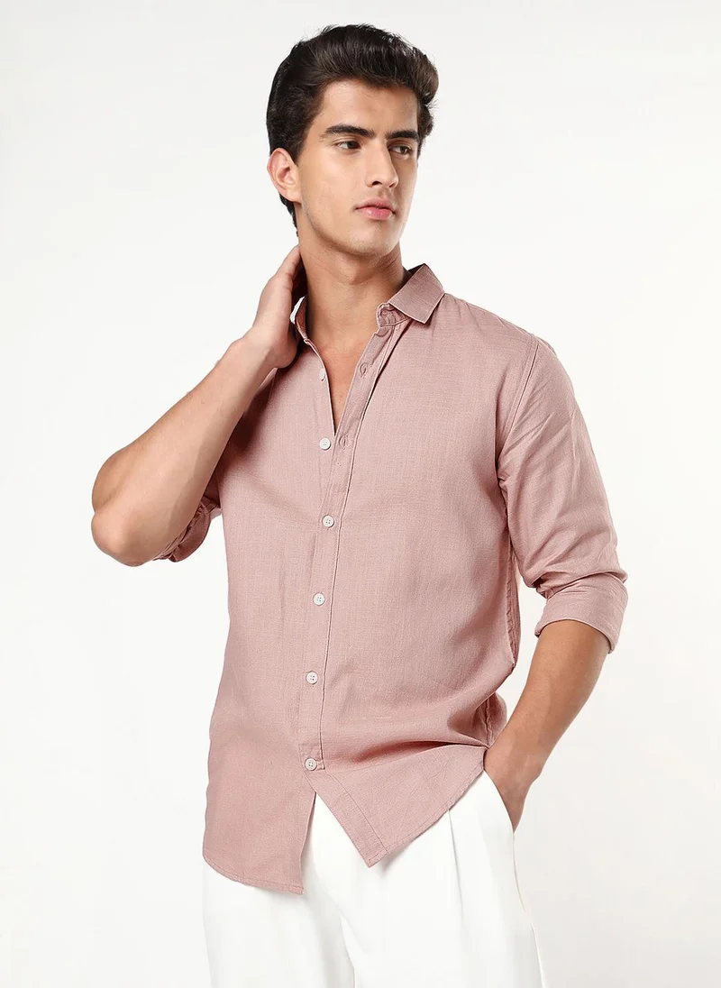 Urbano Fashion Men's Dusty Pink Linen Blend Full Sleeve Relaxed Fit Casual Solid Shirt