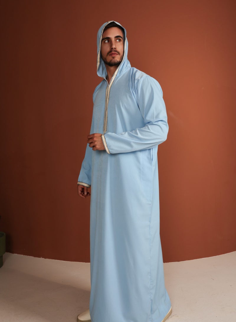 ييجو من مريم Qamis AbdelRahmne – Sky Blue Hooded Men’s Qamis – Lightweight Zibda Fabric | Classic Omani Design | Thobes - Image 4