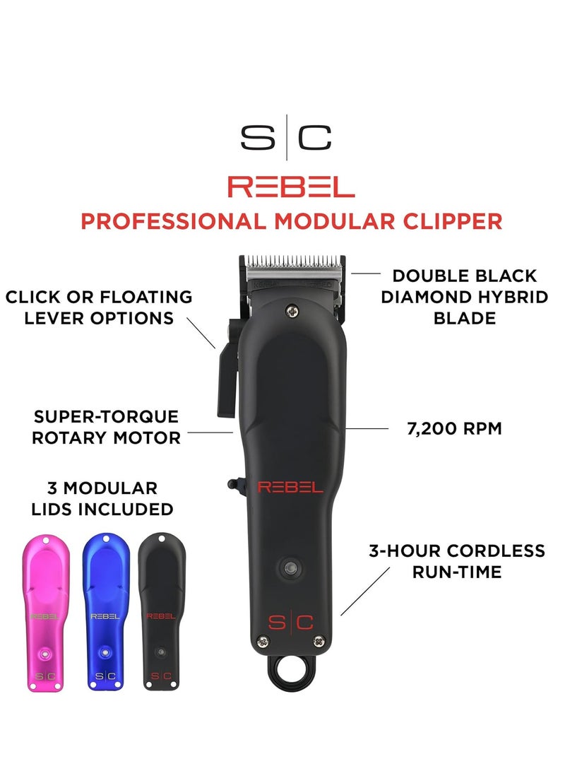 Stylecraft Rebel Professional Super-Torque Cordless Hair Clipper (Modular Lids: Pink, Blue, Black Included), Black Diamond Carbon Fusion Faper Blades - Image 2