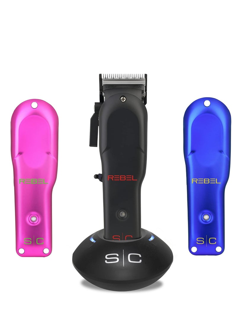 Stylecraft Rebel Professional Super-Torque Cordless Hair Clipper (Modular Lids: Pink, Blue, Black Included), Black Diamond Carbon Fusion Faper Blades - Image 3