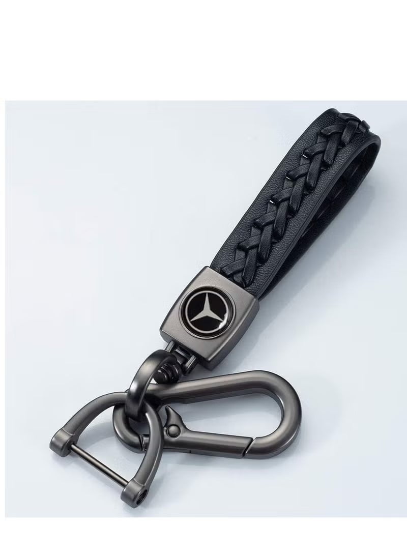 Leather Logo Keychain for Mercedes-Benz Car and Metal Chain Keyring - Black - Image 1