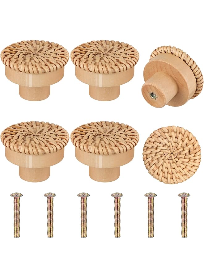S-TOP Rattan Dresser Knobs Round Wooden Drawer Knobs Handmade Wicker Woven and Screws for Boho Furniture Knobs Cabinets Dresser Handles Hardware Pulls Cabinet Knobs (Natural,6 Knobs and 6 Screws) - Image 1