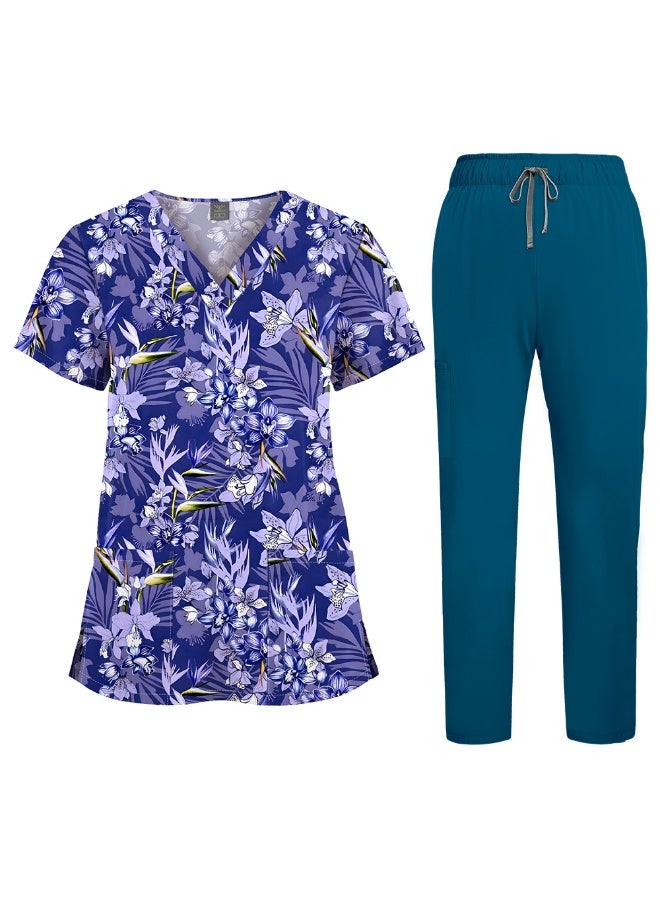NIBEMINENT Floral Print Nursing Scrubs Tops Hospital Scrubs Uniforms Short Sleeve Hospital Uniforms Women Nursing Scrubs - Image 1