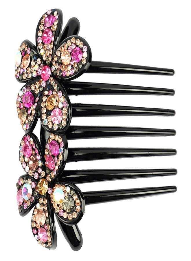 ZEMANIA مشط شعر جانبي مزين بالزهور من زيمانيا | مشط بلاستيكي ملتوي مزين بالكريستال بسبعة أسنان للنساء والفتيات - Image 1