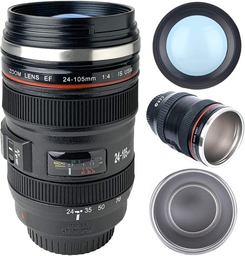 URM Steel Camera Lens Shaped Coffee Mug with Lid 350ml Black Camera Lens Coffee Mug Steel Insulated Travel Mug Thermos 400 ML Black - Image 1
