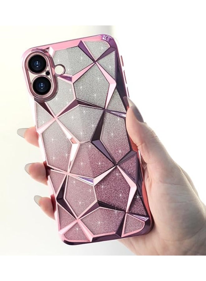 Compatible with iPhone 16 Case Plating Bling Gradient Glitter Clear Cover Soft TPU Silicone Cute Camera Protection Shockproof Back for Women Girls Case - Pink