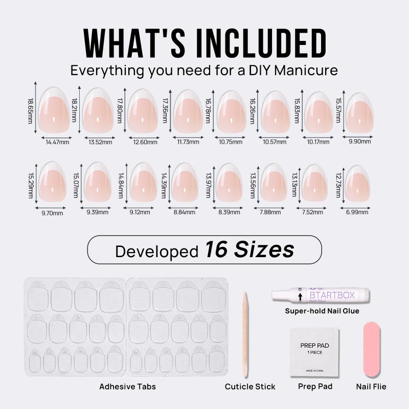 BTArtbox Press On Nails Short - Extra Short Almond French Tip Press On Nails Nude, Fake Nail with Nail Glue, Natural Reusable 32pcs Fake Nails Kit - Image 4