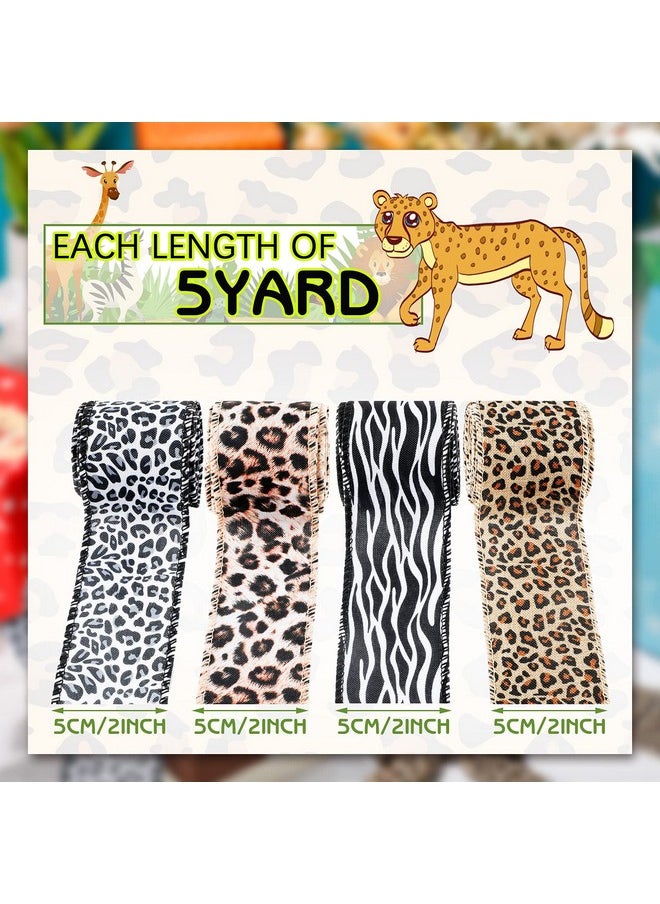 Waydress 4 Rolls 20 Yards Leopard Print Ribbon Animal Print Ribbon Zebra Cheetah Wired Edge Ribbon Leopard Print Ornaments Ribbon Decorative Wrapping Ribbon For Home Diy Craft Decor 2 Inch  - Image 2