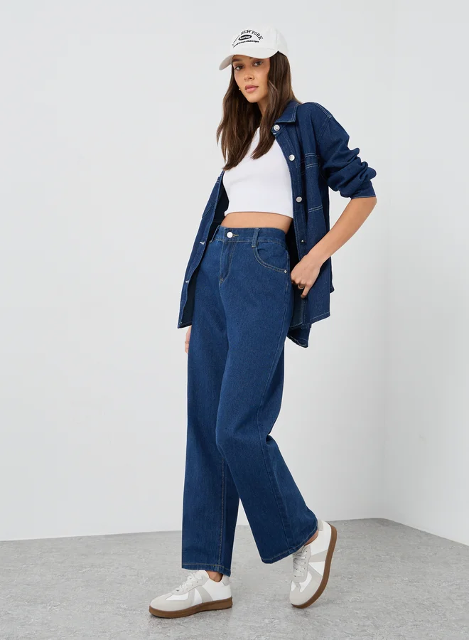 ستايلي Styli Dark Blue Blue Wide Leg Jeans with Pockets