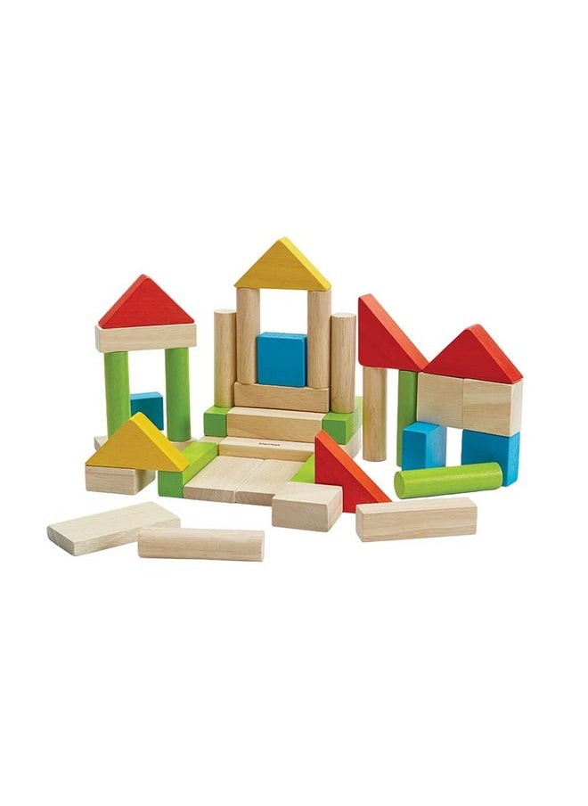 PlanToys Wooden Building Blocks - 40 Unit Blocks Natural And With Color (5513) | Sustainably Made From Rubberwood And Non-Toxic Paints And Dyes  - Image 1