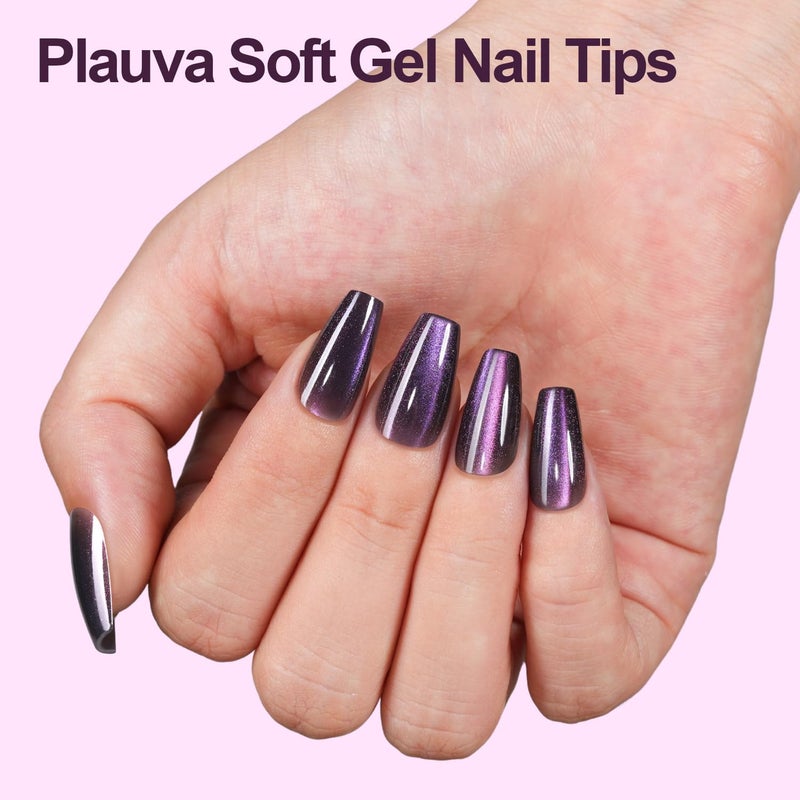 Plauva Cat Eye Press on Nails, 300Pcs Short Coffin Cat Eye Nail Tips, Glossy Glitter Soft Gel Fake Nails for Women and Girls Stick On Nails in 15 Sizes - Image 2