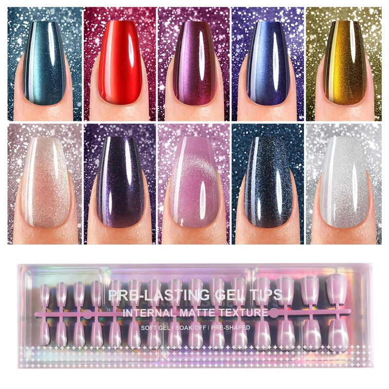 Plauva Cat Eye Press on Nails, 300Pcs Short Coffin Cat Eye Nail Tips, Glossy Glitter Soft Gel Fake Nails for Women and Girls Stick On Nails in 15 Sizes - Image 1