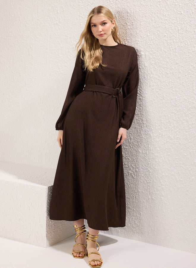 trendyol Brown Belted Woven Dress - Image 1