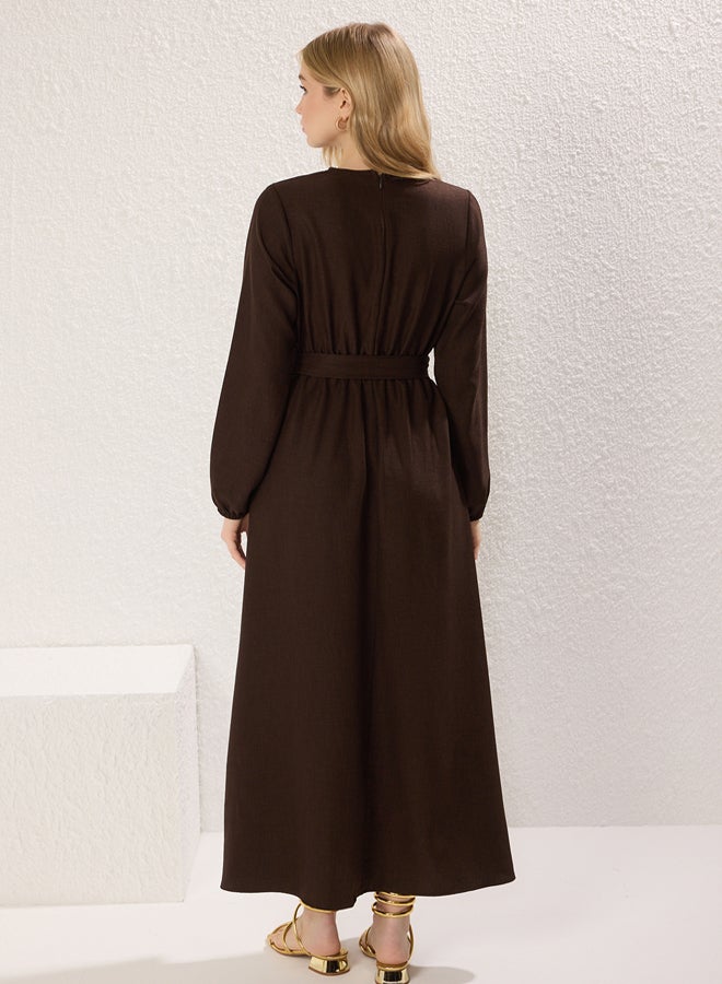 trendyol Brown Belted Woven Dress - Image 4