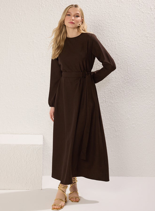 trendyol Brown Belted Woven Dress - Image 2
