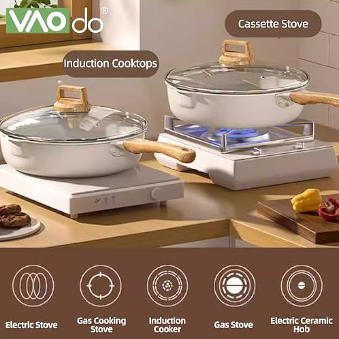 VAOdo 28Cm Nonstick Fry Pan With Glass Lid Cooker Saut Pan With Pour Spout Ceramics Deep Skillet For Stove Induction Gas - Image 3