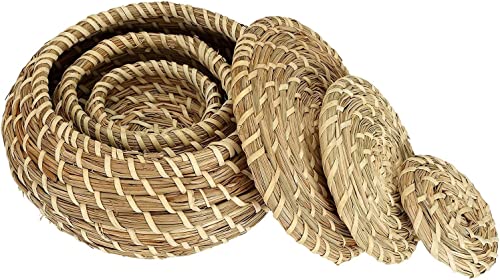 Dicunoy Set of 3 Small Wicker Basket with Lid, Round Woven Seagrass Baskets, Little Handmade Rattan Storage Basket Box for Shelf, Home, Bathroom Decor - Image 4