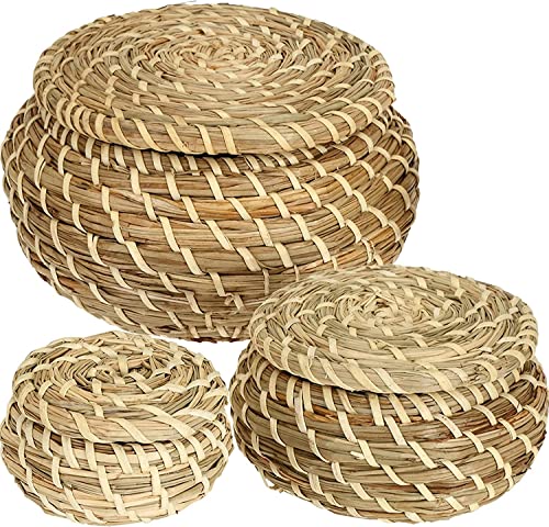 Dicunoy Set of 3 Small Wicker Basket with Lid, Round Woven Seagrass Baskets, Little Handmade Rattan Storage Basket Box for Shelf, Home, Bathroom Decor - Image 1