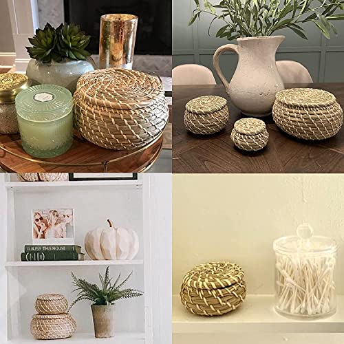 Dicunoy Set of 3 Small Wicker Basket with Lid, Round Woven Seagrass Baskets, Little Handmade Rattan Storage Basket Box for Shelf, Home, Bathroom Decor - Image 3