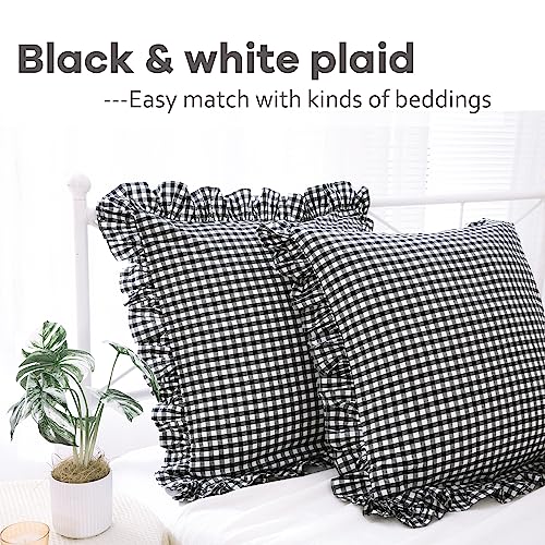K MASANIJI 2 Pack Black and White Plaid Gingham Ruffle Euro Shams Pillow Covers 100 Washed Cotton Decorative Pillowcases for BedSofa 26x26 - Image 3