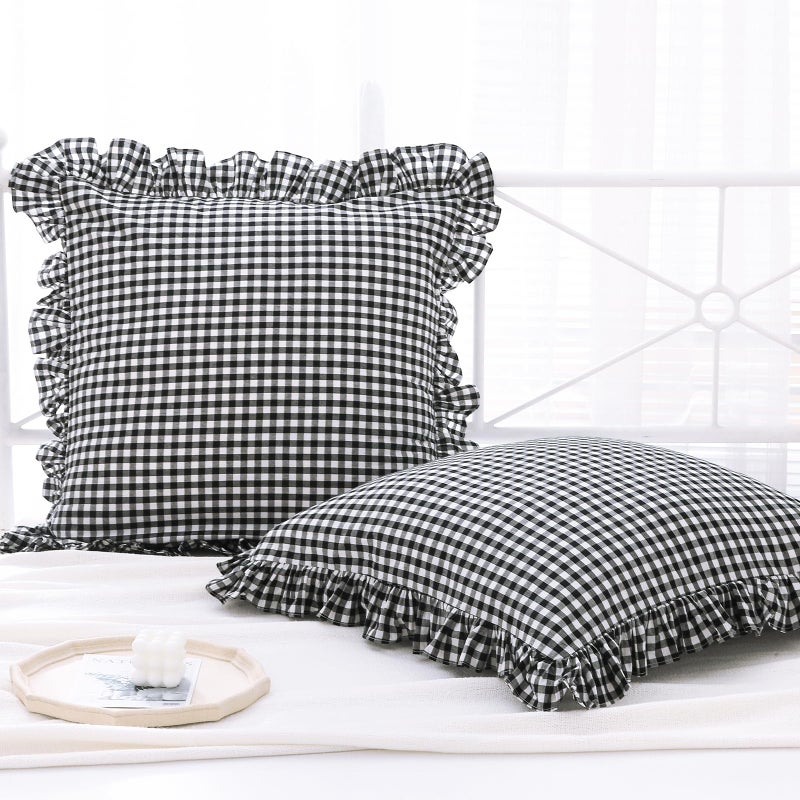K MASANIJI 2 Pack Black and White Plaid Gingham Ruffle Euro Shams Pillow Covers 100 Washed Cotton Decorative Pillowcases for BedSofa 26x26 - Image 2