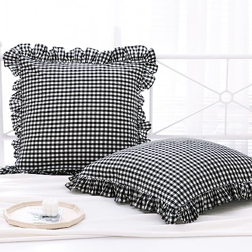 K MASANIJI 2 Pack Black and White Plaid Gingham Ruffle Euro Shams Pillow Covers 100 Washed Cotton Decorative Pillowcases for BedSofa 26x26 - Image 1