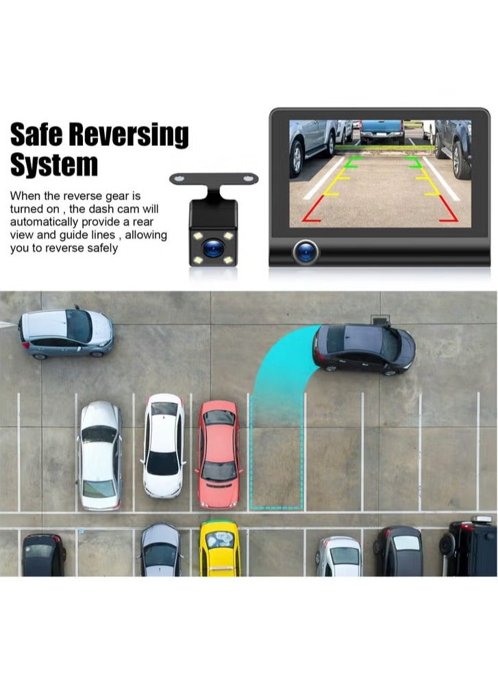 AROAQ Car Dash Cam, 1080p Full HD Front And Rear Car Camera, 4" LCD Display 140° Wide Angle Dash Cam With Night Vision And Motion Detection, Three Way Triple Car Camera With Loop Recording And G Sensor - Image 2