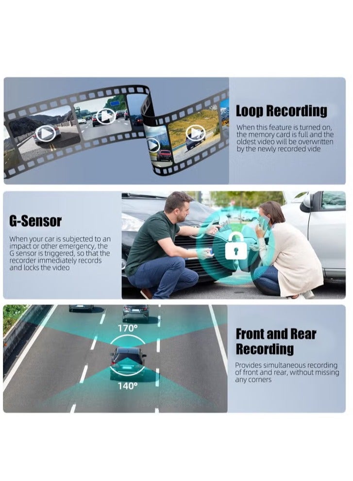AROAQ Car Dash Cam, 1080p Full HD Front And Rear Car Camera, 4" LCD Display 140° Wide Angle Dash Cam With Night Vision And Motion Detection, Three Way Triple Car Camera With Loop Recording And G Sensor - Image 3