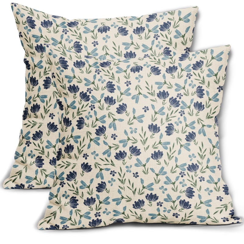 Aytipun Green Teal Navy Blue Floral Pillow Covers 18x18 Set of 2 Vintage Rustic Old Style Cute Small Flower Print Decorative Outdoor Pillowcases Farmhouse Throw Cushion Case Decor for Couch Sofa Bed - Image 1