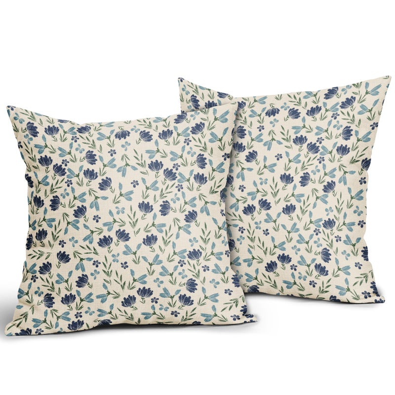 Aytipun Green Teal Navy Blue Floral Pillow Covers 18x18 Set of 2 Vintage Rustic Old Style Cute Small Flower Print Decorative Outdoor Pillowcases Farmhouse Throw Cushion Case Decor for Couch Sofa Bed - Image 2