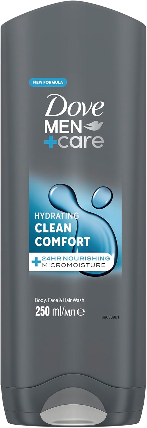 Dove MenCare Hydrating Clean Comfort Mens 3in1 Hair Face and Body Wash Body Cleanser Shower Gel with 24 hour nourishing MicroMoisture technology for relaxed and reenergised skin 250 ml