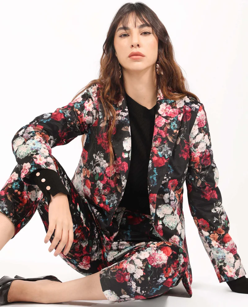 ريريزم Women's Floral Printed Velvet Blazer