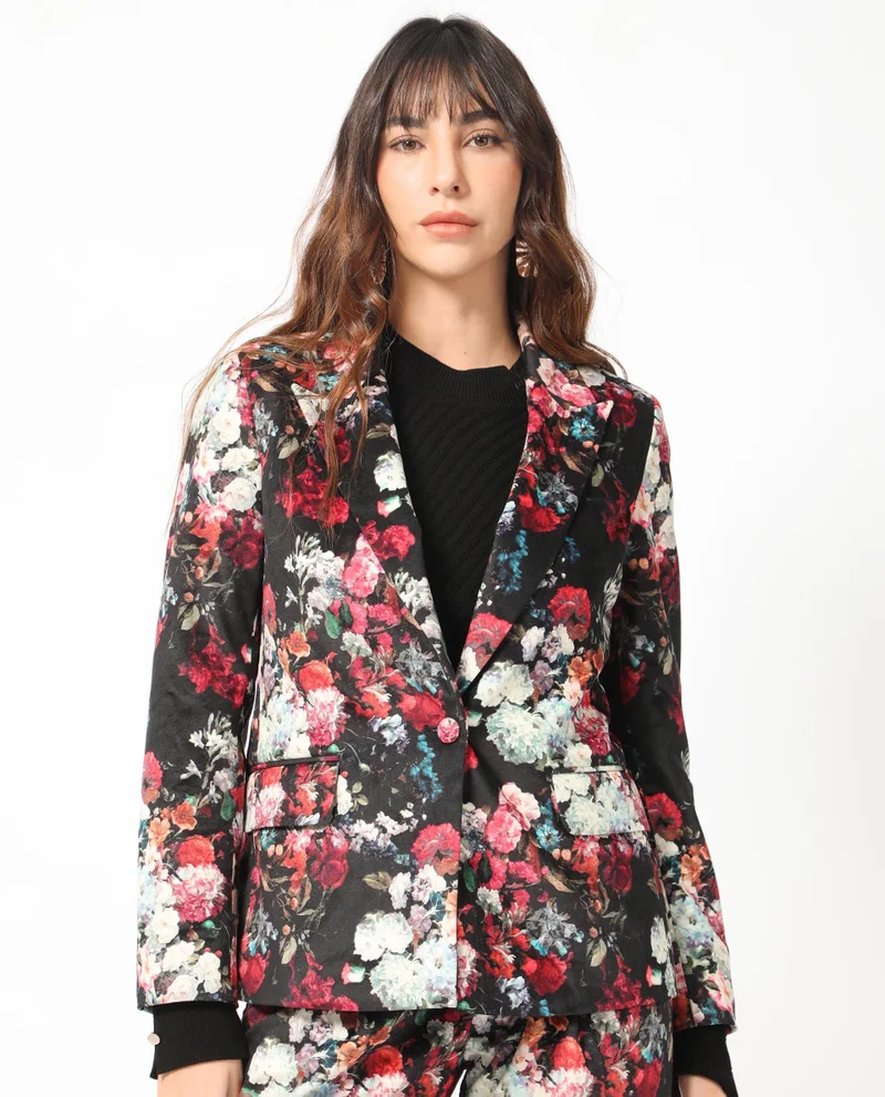 ريريزم Women's Floral Printed Velvet Blazer
