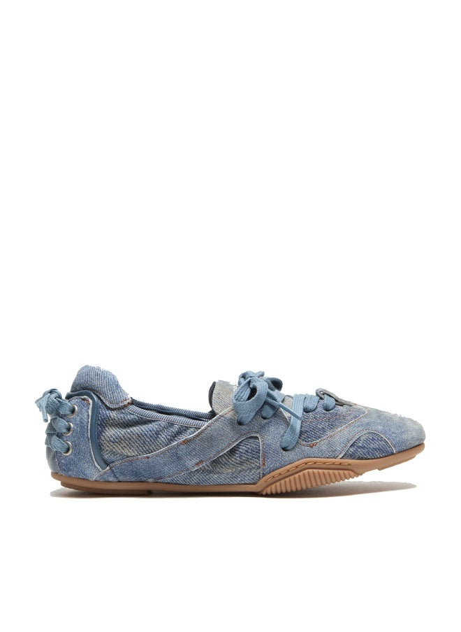 Arqa Lace-up Casual Washed Denim Blue Ballet Sneakers for Women Fashion Decorative Lacing Back Flat Sneakers Casual Tennis Walking Comfortable Shoes Size 8 - Image 1