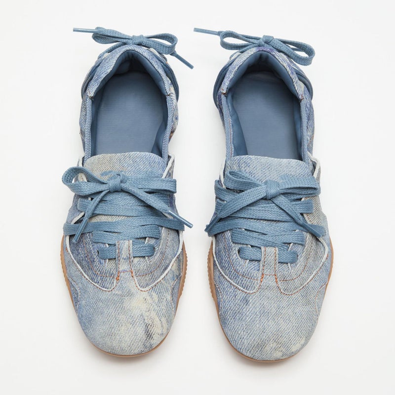 Arqa Lace-up Casual Washed Denim Blue Ballet Sneakers for Women Fashion Decorative Lacing Back Flat Sneakers Casual Tennis Walking Comfortable Shoes Size 8 - Image 5