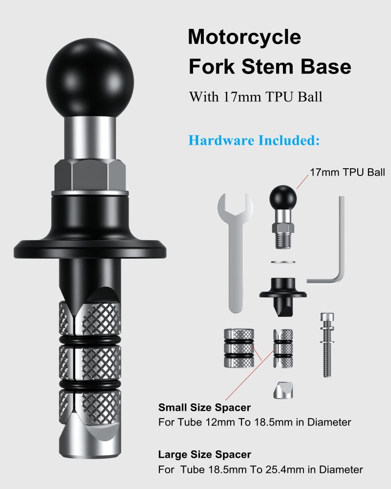 BRCOVAN Metal Motorcycle Fork Stem Mount Base with 17mm TPU Ball for Stems 12mm to 25.4mm in Diameter, Compatible Motorcycle Bike Phone Mount Holder with 17mm Ball Socket - Image 2