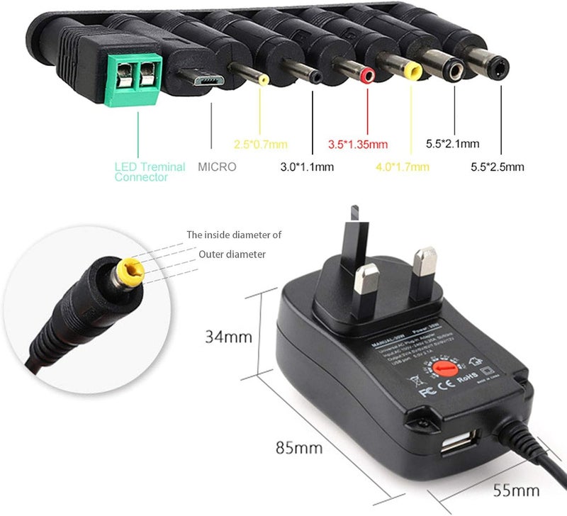 SEBA 30W Universal AC/DC Adapter Switching Power Supply with 8 Selectable Adapter Plugs，for 3V 4.5V 5V 6V 7.5V 9V 12V Household Electronics and LED Strip - 2000mA Max - Image 3