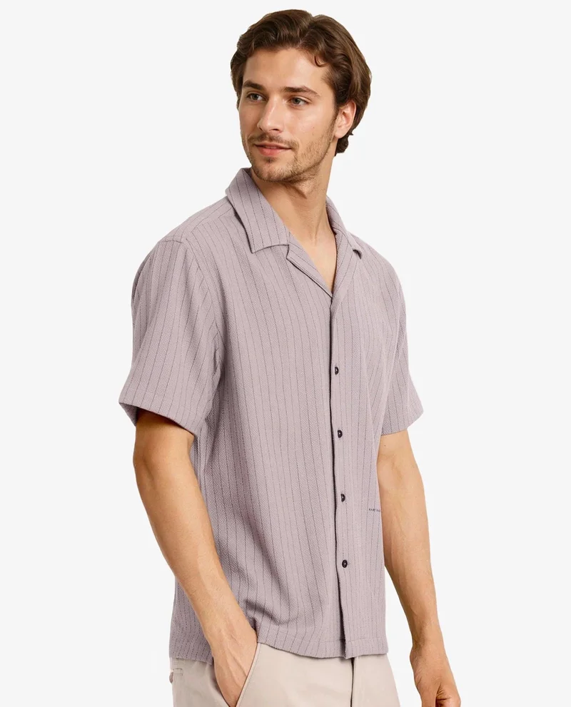 Rare Rabbit Men's Cuban Collar Stripe Shirt