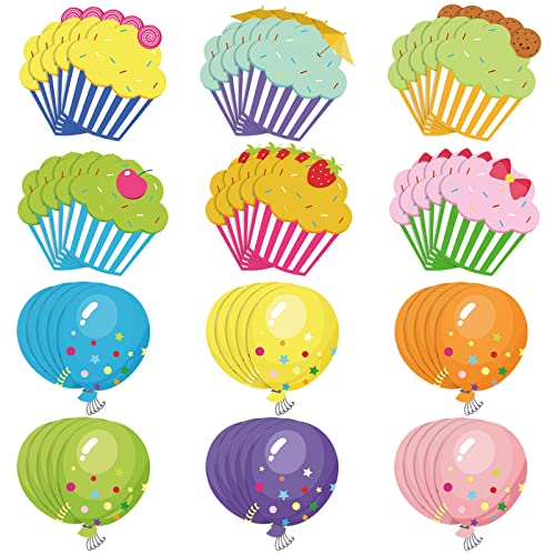 Yexiya 60 Pieces Colorful Cupcake Cutouts Birthday Classroom Bulletin Board Decorations Creative Cupcakes Balloons Cutouts Name Tags for Classroom Door Decorations (Cupcake, Balloons) - Image 1