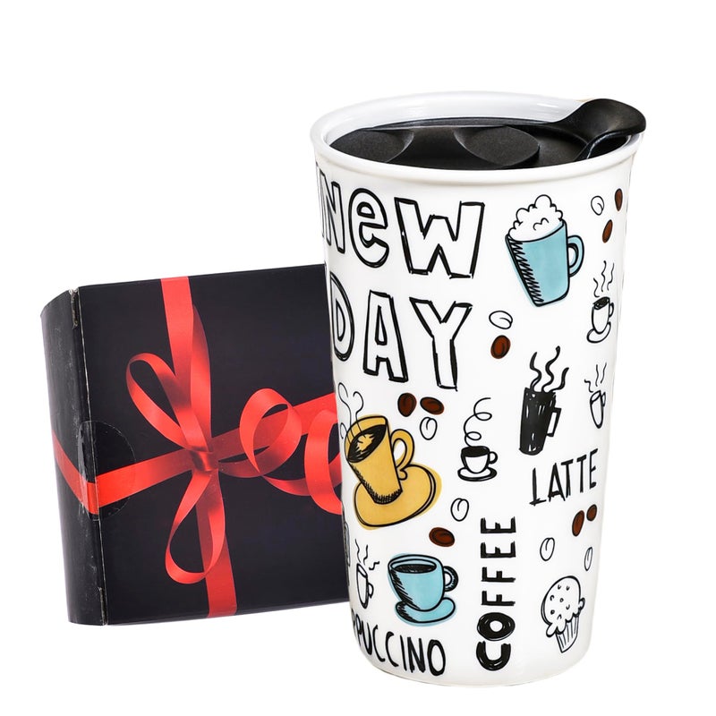 Ceramic Travel Coffee Mug 12 oz Portable Travel Mug with Lid Double Wall Tall Cup To Go Tumbler for Car Cup Holder Splash Resistant Lid Dishwasher Safe Gifts for Women Men Her Him New Day