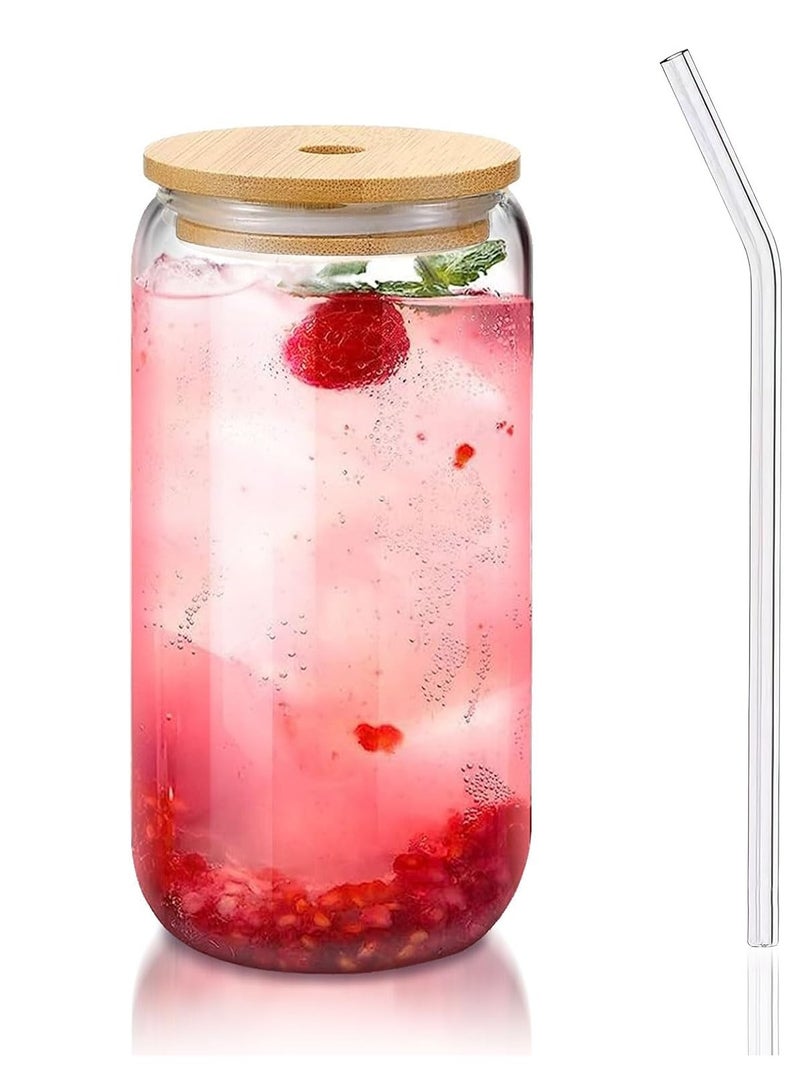 KITCHENOO Glass Cup with Lid for Iced Coffee, Smoothies, Soda Cocktails, Matcha, Bamboo, with Brush and Chalimo - Image 1